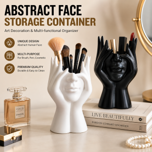Pen Holder & Desk Decor White Abstract Face Sculpture with Hands Modern Office Desktop Organizer for Pens Makeup Brushes