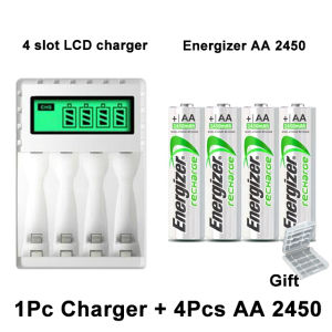 Pujimax 4 slot LCD smart battery charger with Energizer AA and AAA rechargeable batteries for fast charging