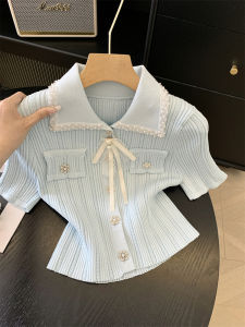 Sweet Style Knitted Short Sleeve Polo Collar Doll Top Womens Fashion Commute Korean Version Polyester Fiber Thin Summer Jacket