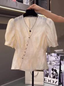 PAIBOLI | Plus Size Soft Breeze Short V-Neck Shirt Bubble Sleeve Waist-Cinching Womens Summer Fashion Elegant Chic Korean Style Blouse