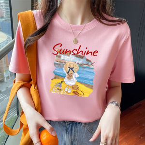 เสื้อยืดแขนสั้นผ้าฝ้ายแท้ทรงหลวมสำหรับผู้หญิง ทรงหลวม ทรงหลวม แขนสั้น สีชมพู พิมพ์ลาย ทรงหลวม เสื้อยืดคอกลม