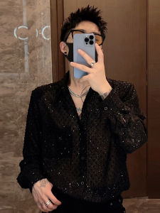 ทันสมัย เสื้อเชิ้ตผู้ชายไนท์คลับแขนยาว ฤดูร้อน Non-iron บางเฉียบ หลวม สีดำ เดรส เสื้อเชิ้ต อินเทรนด์ สตรีทแวร์ สไตล์