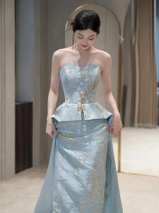 Blue Fish Tail Evening Gown Luxury Minimalist Bridesmaid Dress New Chinese Style Morning Robe Women Bride High End Feeling