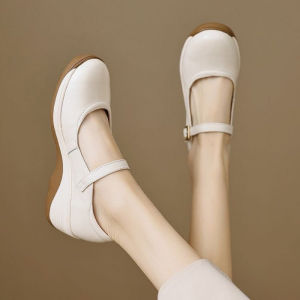 2026 Spring Women’s Mom Shoes–Soft Sole Non‑Tiring Shallow Pumps Thick Platform Casual Leather with One‑Buckle Wedge Heel
