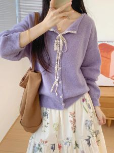 Áo Len Cardigan Ren Thắt Nơ Cỡ Lớn Cho Nữ Mùa Thu Phong Cách Pháp Ôm Vừa Vặn Đa Năng Áo Len Dệt Kim Cổ Chữ V Dài Tay
