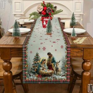 1 Piece Christmas Table Runner 100% Polyester with Christmas Scene Design Suitable for Holiday Parties and Home Kitchen Decoration Winter Elf Theme