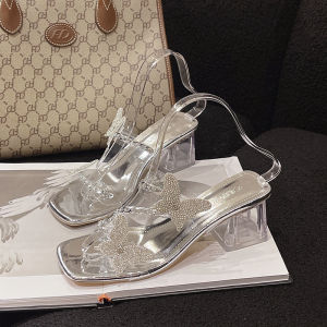 Stunning Transparent Butterfly Crystal High Heels Sandals Women Outdoor Wear Summer Silver Thick Heel High Heel Sandals