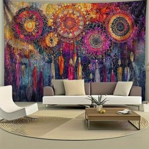 Vintage Bohemian Mandala Dreamcatcher Tấm Thảm Treo Tường Sợi Polyester Cho Phòng Khách Phòng Ngủ Trang Trí Văn Phòng