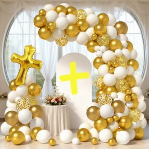 125Pcs First Communion Platinum Balloon Garland Arch Kit Boy and Girl Baptism Party Decorations Gold and White Balloons with Cross Balloons Happy Birthday God Bless Theme Supplies