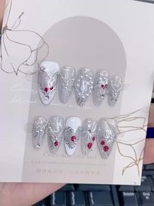 【5in1 Toolkit+HANDMADE】Artificial Nail Silver Starry Pearl Chain French Almond Phototpy Fake Nail Patch Press on Nails Reusable