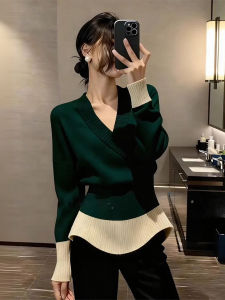 XUECAIQI | Contrast Color Winter Underwear V-neck Knitted Top