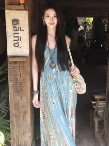 Vacation Style Backless Halter Straps Dress with Belt