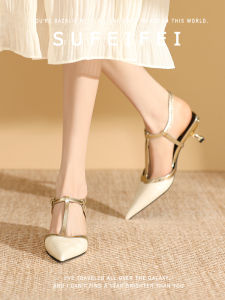 Su Feifei ฤดูร้อน รองเท้าแตะหัวแหลมใหม่ส้นบาง ผู้หญิง รองเท้า สีขาว รองเท้าส้นสูง T-Strap ทันสมัย ระบายอากาศได้ดี