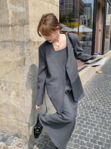 Gray Suit And Halter Dress Set Women Early Autumn Elegant Professional Outfit High-End Feelings Two-Piece Set City Commute