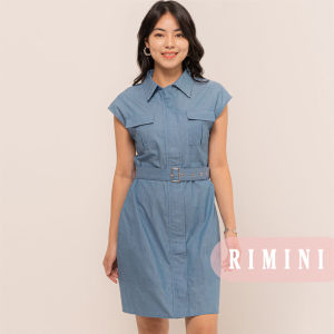 RIMINI - Dress Midi Wanita Lengan Pendek Belted Denim Size XS-XL - Terra Dress 525288