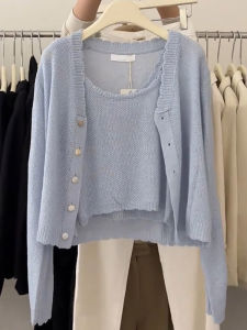 Korean Style Knitted Hollow out Cardigan Womens Summer Anti-Uv Sweet Mini Dress Two-Piece Set Fashionable And Youthful