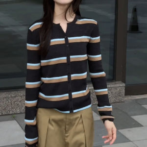 UYFY | Womens Striped V-neck Long Sleeve Knitwear Casual Loose Fit Commute Top Autumn New Style Simple Versatile Slimming