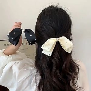 กิ๊บติดผมผ้ารูปโบว์ประดับเพชรสำหรับผู้หญิง ดีไซน์อ่อนหวานแบบปากเป็ด สำหรับมัดผมครึ่งหัว เครื่องประดับผม