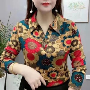 Middle-Aged Mom Long sleeves Shirt Top Women Spring and Autumn Clothing 2022 New Loose Belly Covering Collar Bottoming Shirt