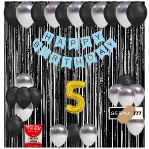 Paket Set Dekorasi Backdrop Pesta Balon Ulang Tahun Anak Banner Happy Birthday Biru Tirai Hitam