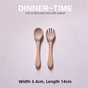 JUZIJIADEKEER | Infant Training Soft Spoon Wooden Handle Durable Silicone Fork and Spoon