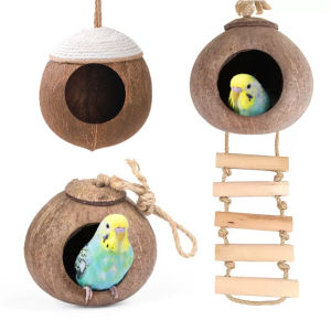 Coconut Bird Nest Hut with Ladder for Parrots Parakeet Conures Cockatiel - Small Animals House Pet Cage Habitats Decor