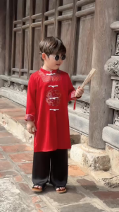 Set bộ áo dài bé trai kèm quần chất lụa họa tiết thêu gấm Phúc Lộc mặc Tết 9đến 25kg BERNIE H0925B22