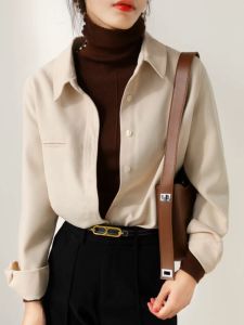 Fall and Winter Brushed Corduroy Shirt Womens Long Sleeve Thickened Bandage Dress Inner Wear Preppy Style French Style Fancy Hong Kong Style Top