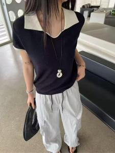 HUOLISI | Color Block Polo Collar Loose Slim Fit Knit T-shirt