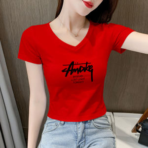 Short Sleeve V-Neck T-Shirt Womens Slim Fit High Waist Hole Belly Button Summer Korean Style Versatile Cotton Polyester Blend