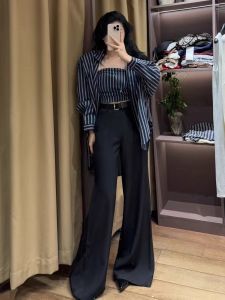 Quần Ống Rộng Cạp Cao Màu Đen Thiết Kế Đơn Giản Mùa Xuân Hè Quần Dài Đến Sàn Phong Cách Hàn Quốc Rộng Rãi Giúp Thon Gọn