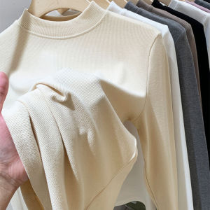 Womens Mid-Neck Long Sleeve Fleece Lined Velvet Base Shirt Pure Color Slim Fit Inner Wear Autumn Winter High Waist Skirt Pants