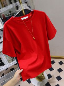 SUSHOUWANGE | Red Short Sleeve Pure Cotton Oversized Round Collar T-Shirt