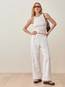 Domifan Pure Linen Elastic Waist Pants Versatile Lazy Style High Waist Wide Leg Pants Asymmetrical Design for Commuting