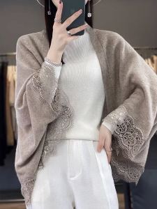 ผ้าคลุมไหล่ผ้าขนสัตว์ถักลายลูกไม้สำหรับผู้หญิง ผ้าพันคอผ้าขนสัตว์ ชุดคาร์ดิแกน แจ็คเก็ต แขนยาว คอวี ปกติ