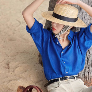 Womens Linen Shirt Long Sleeve Casual Loose Comfortable Style Breathable Slimming Effect Blue Polo Collar Button up Top