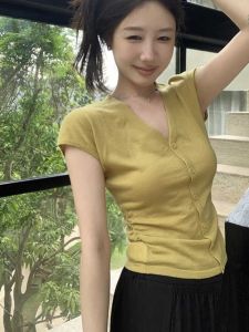 สีเขียว คอวี น้ําแข็งถัก ผ้าไหม แขนสั้นเปิด คาร์ดิเกน สลิมฟิต เสื้อยืดไหล่ ผู้หญิง ฤดูร้อน แฟชั่นขนาดเล็ก เสื้อท่อนบน