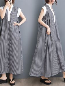 Summer 2025 French Style V-Neck Stripe Loose Slimming Long Dress Fashionable Casual A-Line Skirt without Sleeve Comfortable