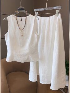 White Cotton Linen Set Womens Sleeveless Top Half Skirt Two Piece Set Elegant Autumn Fashion Pear Talk Brand New 2025