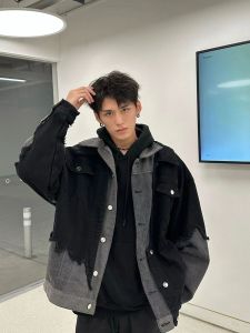 American Style Distressed Heavy Weight Fake Two-Piece High Street Destroyed Patchwork Denim Jacket Men and Women Fall and Winter Loose-Fitting Jacket Top Tide