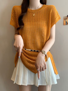 AIYITI | Bohemian Style Hollow Out Knitwear Women Summer Plus Size With Belt Belly Covering Slimming Short Sleeve Cover Up Top