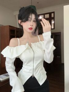 GUZILIAN | Elegant Double Zipper Ruffle Hem One Shoulder Slimming Design Womens Shirt Korean Style Commute Pear Body Type Long Sleeve