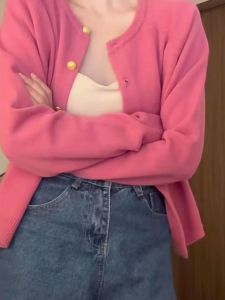 Niche Style Idle Style Rose Red Knitting Cardigan Female Fall and Winter Gentle Atmosphere Soft Glutinous Sweater Outwear Beautiful Tops