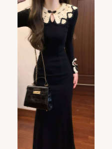 Hebe Style Elegant Black Slim Fit Long Dress Fashionable Personality Autumn Season mid Stretch Tailored Skirt City Walk