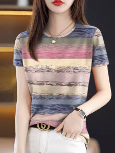 WANGGONGZHU | Fashionable Stripe Short Sleeve T-Shirt Womens Summer New Design Slimming Top Princess Style Korean Loose Fit Moisture Wicking