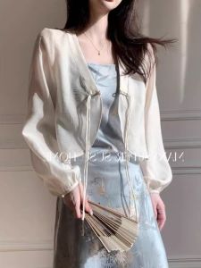 แฟชั่นแห่งชาติสไตล์จีนใหม่ ผู้หญิง ฤดูร้อน เสื้อผ้าป้องกันแสงแดด ผ้าไหม ชุดกี่เพ้า ปกปิดเปิดสั้น คาร์ดิเกน เสื้อโค้ท