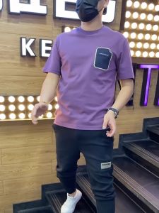 Summer 2025 Mens round Neck Short Sleeve T-Shirt Casual Printed Fake Pocket Trendy Brand Youthful Cotton Anti-Wrinkle