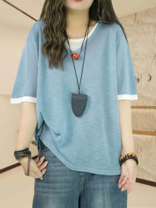 Áo Thun Nữ Mùa Hè Đa Năng Tay Ngắn Cổ Chữ V Rộng Rãi Thời Trang Phong Cách Mới Thường Ngày Tay Ngắn Cổ Chữ V Màu Khối Thời Trang