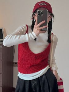 เสื้อกั๊กถักสีแดงทรงเข้ารูปสองชิ้นสำหรับผู้หญิงในช่วงต้นฤดูใบไม้ร่วง 2025 เสื้อกั๊กถักสไตล์สตรีทแฟชั่นสุดหรูหรา