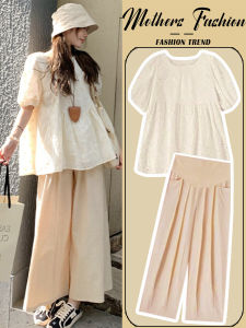 Maternity Summer Outfit Loose Wide Leg Pants Short Sleeve Thin Top Two Piece Set Comfortable Breathable Cotton Linen Material